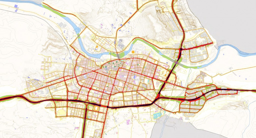 Mapa de ruido procedente del tráfico viario, extraído del mapa estratégico de ruido. Pincha en la imagen para descargarla o ampliar.